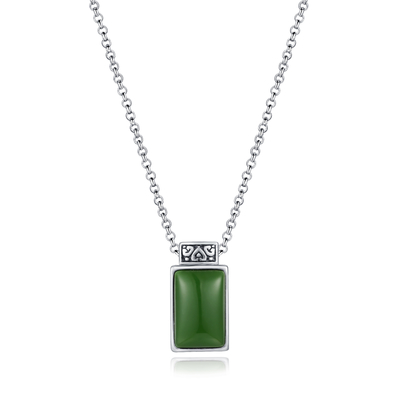 verde de prata Jade Pendant do retângulo da corrente 9x14mm do grânulo do pendente de pedra preciosa 2.08g 925